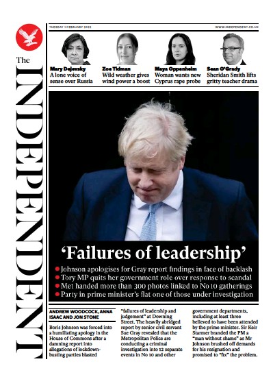 The Independent Newspaper Front Page (UK) for 1 February 2022