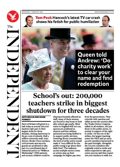 The Independent Newspaper Front Page (UK) for 1 February 2023
