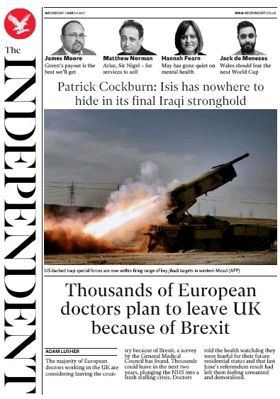 The Independent Newspaper Front Page (UK) for 1 March 2017