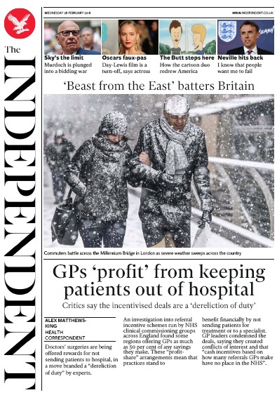 The Independent Newspaper Front Page (UK) for 1 March 2018