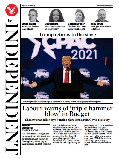The Independent Newspaper Front Page (UK) for 1 March 2021