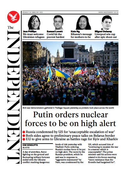 The Independent Newspaper Front Page (UK) for 1 March 2022