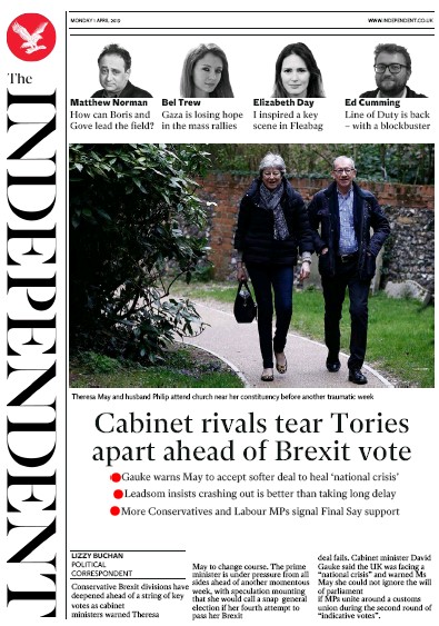 The Independent Newspaper Front Page (UK) for 1 April 2019