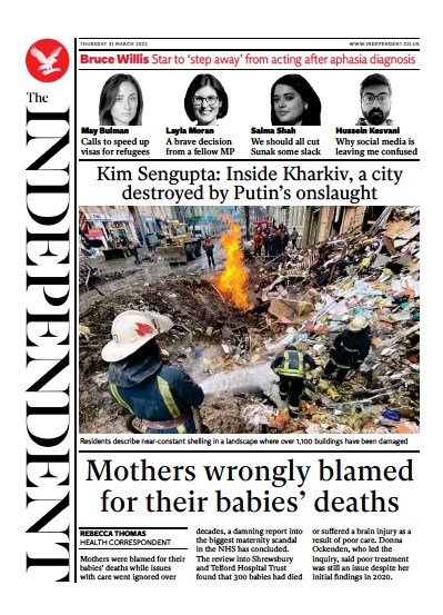 The Independent Newspaper Front Page (UK) for 1 April 2022