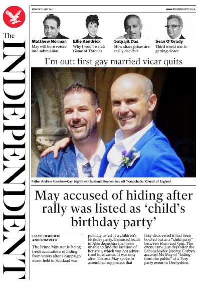 The Independent Newspaper Front Page (UK) for 1 May 2017