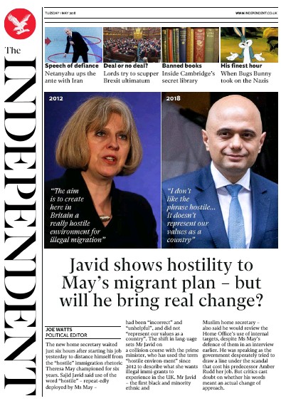 The Independent Newspaper Front Page (UK) for 1 May 2018