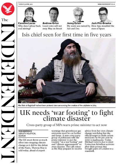 The Independent Newspaper Front Page (UK) for 1 May 2019