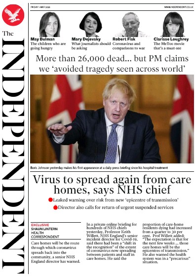 The Independent Newspaper Front Page (UK) for 1 May 2020
