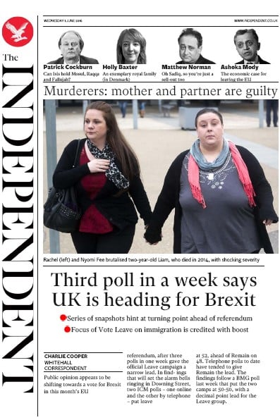 The Independent Newspaper Front Page (UK) for 1 June 2016