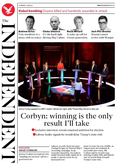 The Independent Newspaper Front Page (UK) for 1 June 2017