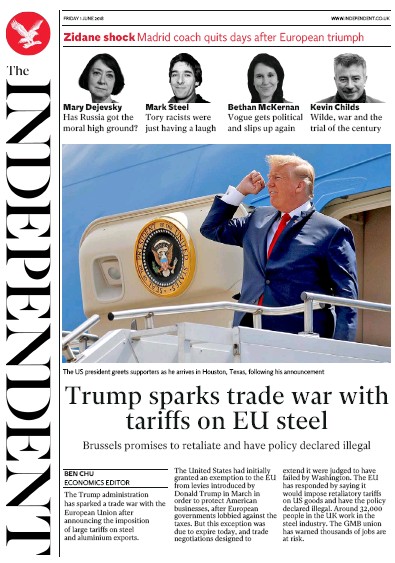 The Independent Newspaper Front Page (UK) for 1 June 2018