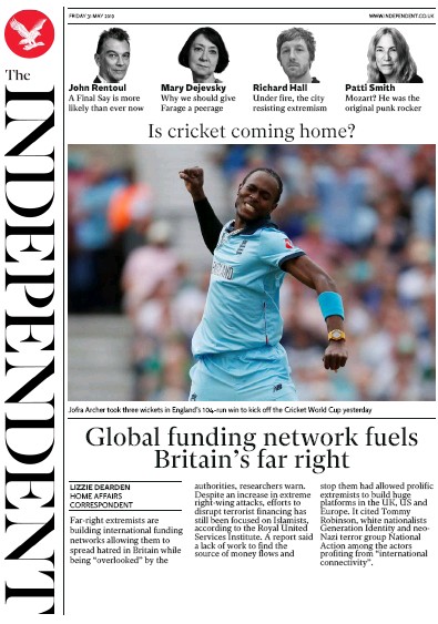 The Independent Newspaper Front Page (UK) for 1 June 2019