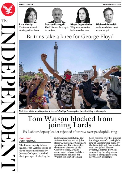 The Independent Newspaper Front Page (UK) for 1 June 2020