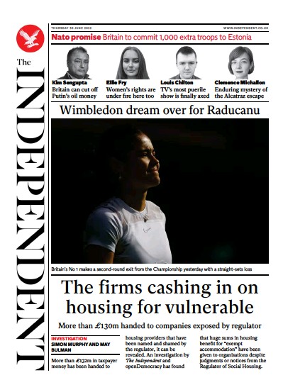 The Independent Newspaper Front Page (UK) for 1 July 2022