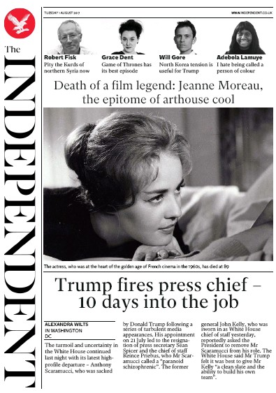 The Independent Newspaper Front Page (UK) for 1 August 2017