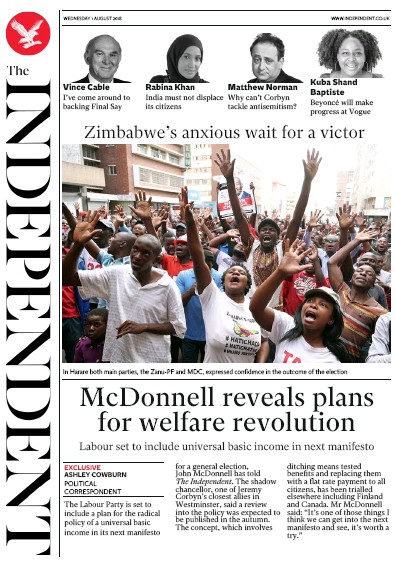 The Independent Newspaper Front Page (UK) for 1 August 2018