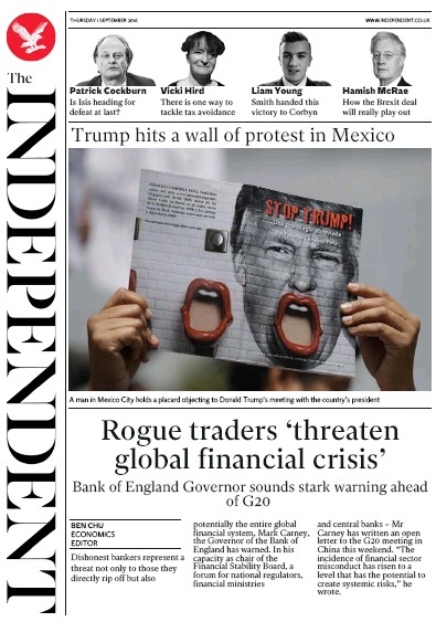 The Independent Newspaper Front Page (UK) for 1 September 2016