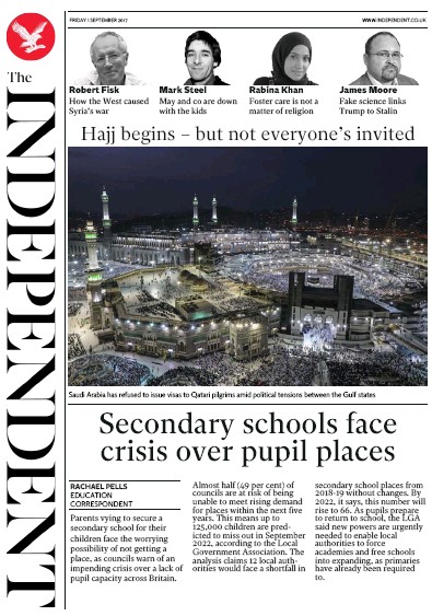 The Independent Newspaper Front Page (UK) for 1 September 2017