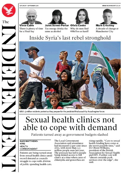 The Independent Newspaper Front Page (UK) for 1 September 2018