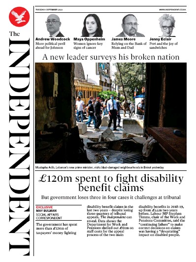 The Independent Newspaper Front Page (UK) for 1 September 2020