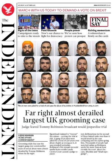 The Independent Newspaper Front Page (UK) for 20 October 2018