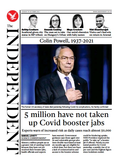 The Independent Newspaper Front Page (UK) for 20 October 2021