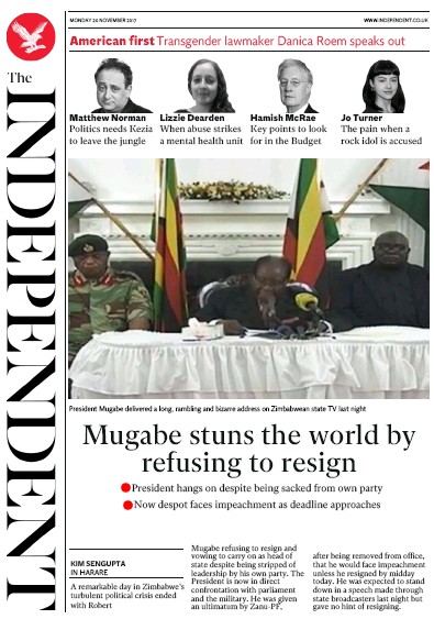 The Independent Newspaper Front Page (UK) for 20 November 2017