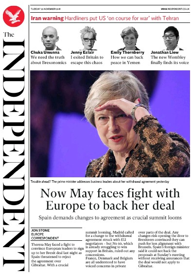 The Independent Newspaper Front Page (UK) for 20 November 2018