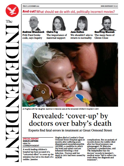 The Independent Newspaper Front Page (UK) for 20 November 2020
