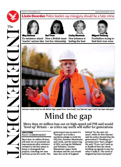 The Independent Newspaper Front Page (UK) for 20 November 2021