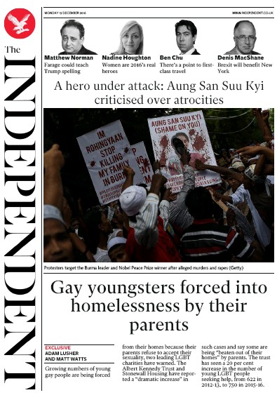 The Independent Newspaper Front Page (UK) for 20 December 2016