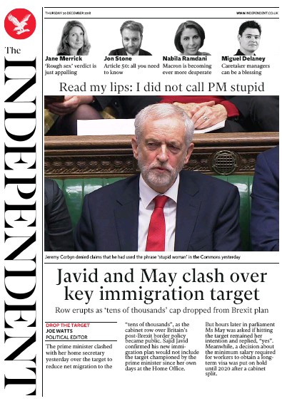 The Independent Newspaper Front Page (UK) for 20 December 2018