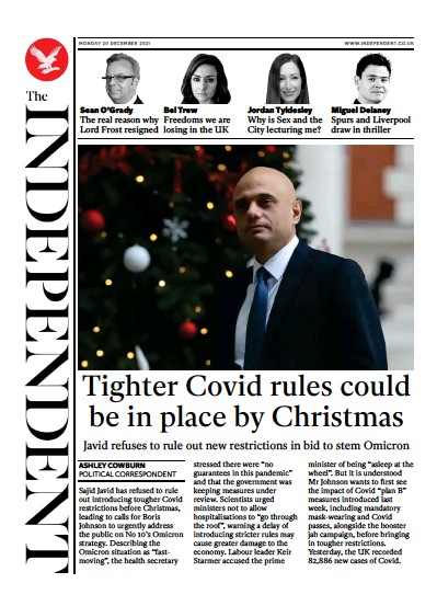 The Independent Newspaper Front Page (UK) for 20 December 2021