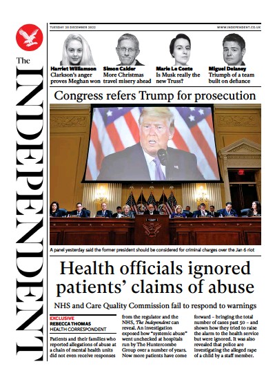 The Independent Newspaper Front Page (UK) for 20 December 2022