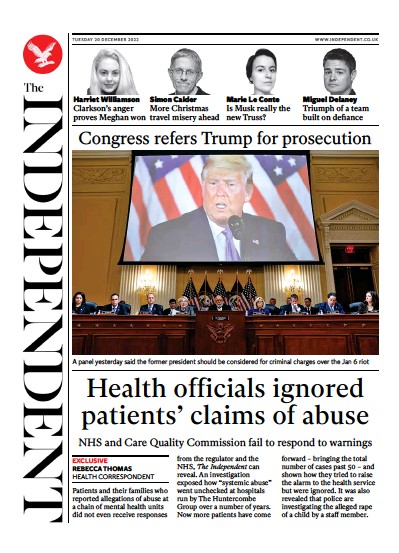 The Independent Newspaper Front Page (UK) for 20 December 2022