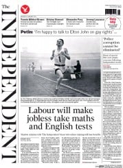 The Independent (UK) Newspaper Front Page for 20 January 2014