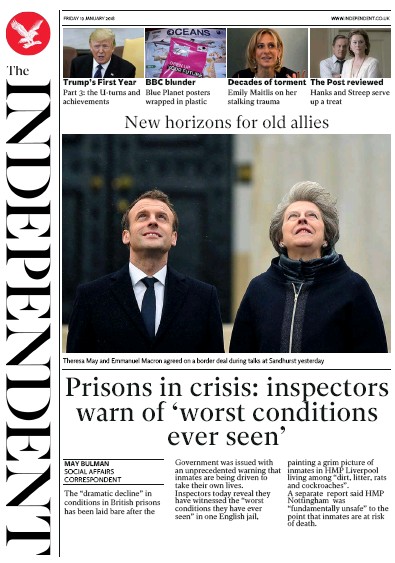 The Independent Newspaper Front Page (UK) for 20 January 2018