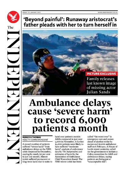 The Independent Newspaper Front Page (UK) for 20 January 2023