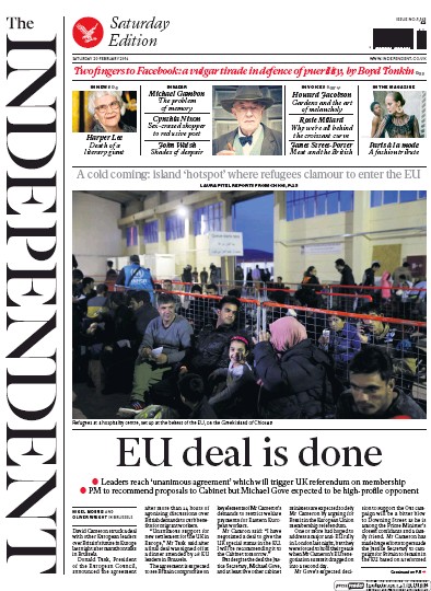 The Independent Newspaper Front Page (UK) for 20 February 2016
