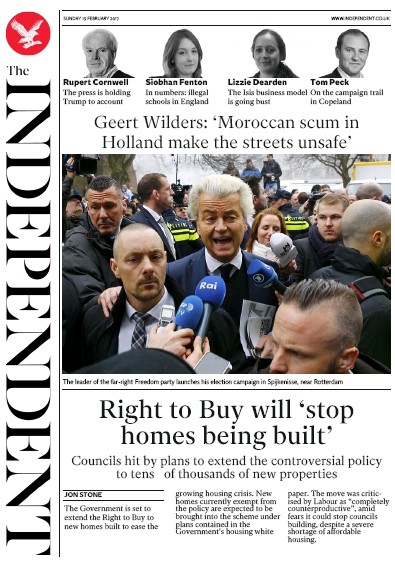 The Independent Newspaper Front Page (UK) for 20 February 2017