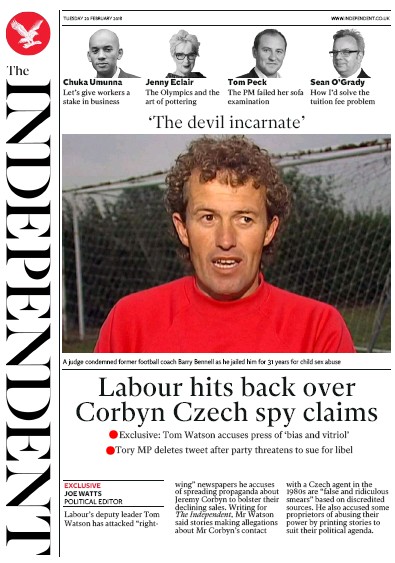 The Independent Newspaper Front Page (UK) for 20 February 2018