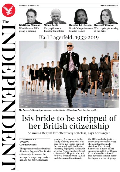 The Independent Newspaper Front Page (UK) for 20 February 2019