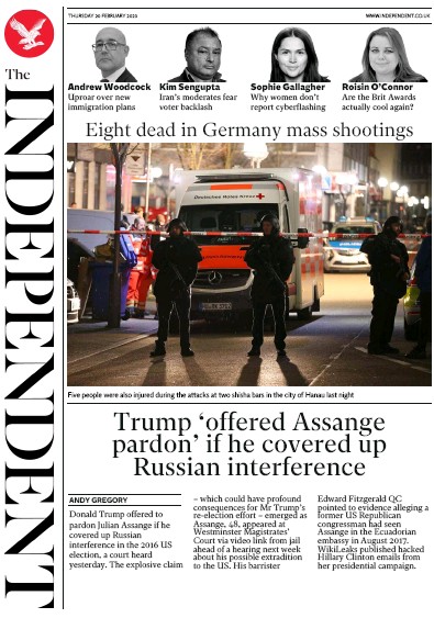 The Independent Newspaper Front Page (UK) for 20 February 2020
