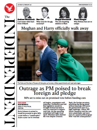 The Independent Newspaper Front Page (UK) for 20 February 2021