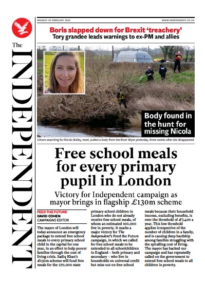 The Independent Newspaper Front Page (UK) for 20 February 2023