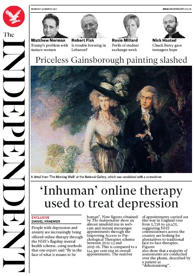 The Independent Newspaper Front Page (UK) for 20 March 2017