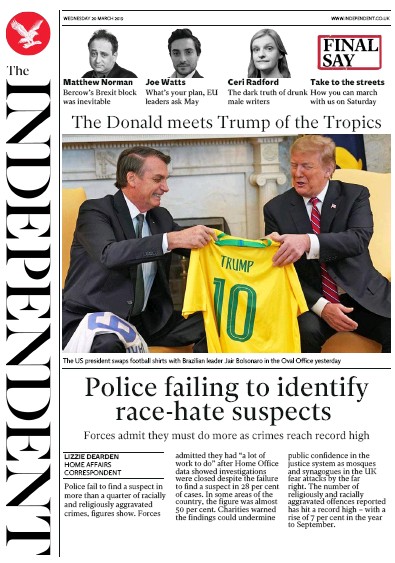 The Independent Newspaper Front Page (UK) for 20 March 2019