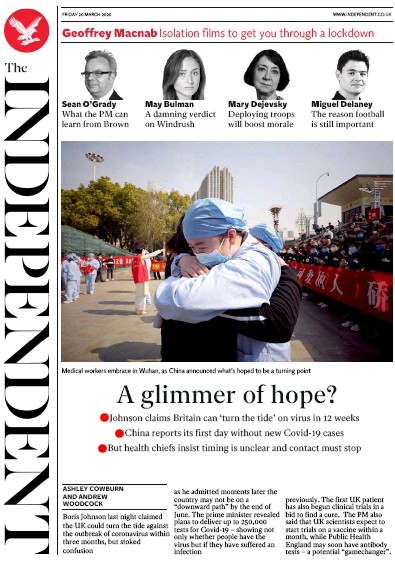 The Independent Newspaper Front Page (UK) for 20 March 2020