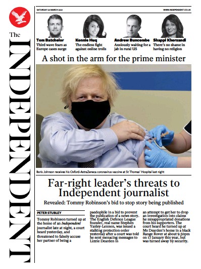 The Independent Newspaper Front Page (UK) for 20 March 2021