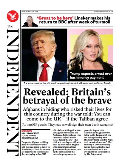 The Independent Newspaper Front Page (UK) for 20 March 2023